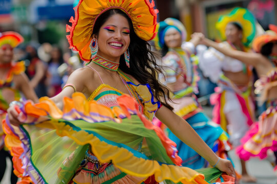 A woman in a colorful outfit is dancing in a parade