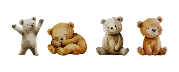 set of cute teddy bear watercolor isolated on white background, adorable wildlife animal clipart vector illustration