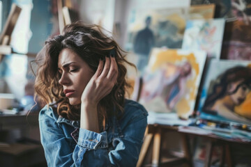 A woman with long hair is sitting in a room with paintings on the wall
