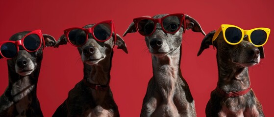 Obraz premium Dogs with Sunglasses on Red Background, Cool Stylish Pets, Copy Space