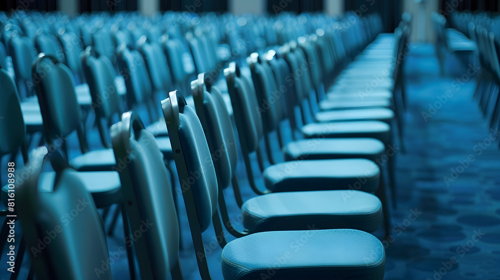 Poster rows of empty chairs in large conference hall for corporate convention or lecture : generative ai