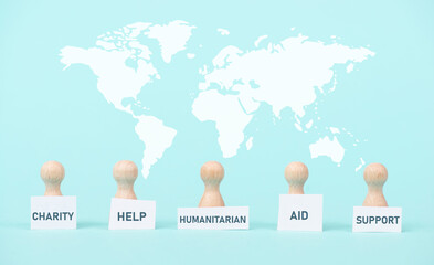 Humanitarian aid, charity, help and support, friendship, human rights, multicultural people, team with world map