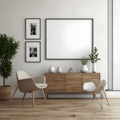 Stylish showcase: Contemporary living room with emphasis on empty poster frame.