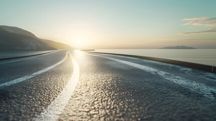 Empty asphalt road and sea natural scenery at sunrise : Generative AI