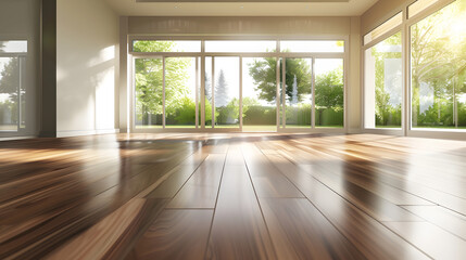 Obraz premium an empty living room with wood flooring and large sliding glass doors leading to the patio area in the house : Generative AI