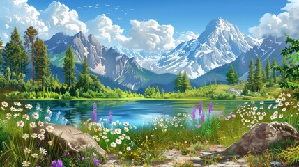 Beautiful landscape vector illustration. Beautiful landscape of mountains, mountain lake, forests and meadows with flowers. Beautiful landscape for printing. hyper realistic 