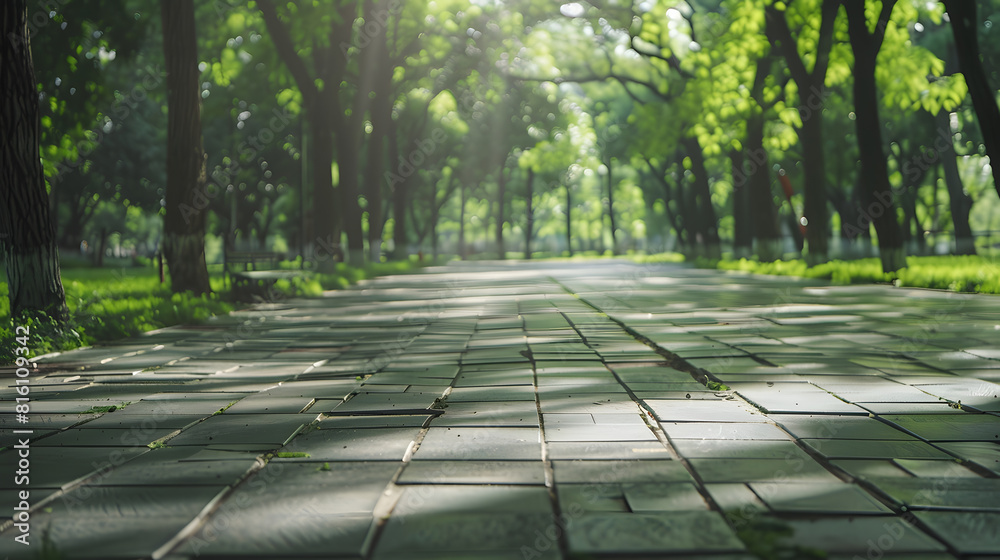 Poster empty square floor and green forest in the city park : generative ai