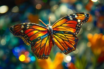Fototapeta premium Vibrant butterfly with open wings against a colorful, blurred light background