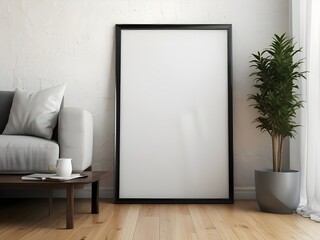 Avant-garde design: 3D render features chic living space with mock-up poster frame