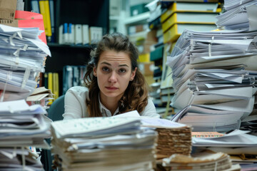 Young woman looks stressed and exhausted, surrounded by towering stacks of documents at her cluttered office workspace