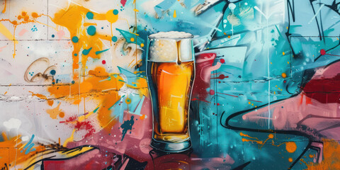 Glass of beer painted with airbrush on colorful wall on the street, street art