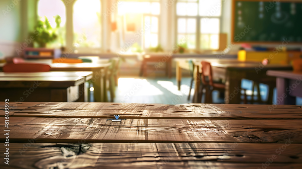 Aufkleber Rustic wooden table in a classroom setting perfect for displaying educational products or designs Tabletop view on blurred background with empty tables and atmospheric light Flawless : Generative AI