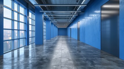 blue office corridor, concrete floor, loft-style windows, continuous ceiling lights, business and financial design theme, spacious interior concept, AI Generative hyper realistic 