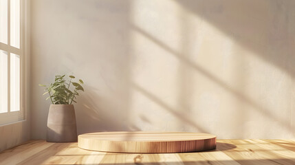 Wooden pedestal of free space for your decoration Kitchen interior with furniture Window and morning sun light Board of brown wood and mockup backdrop Empty space for your products nat : Generative AI