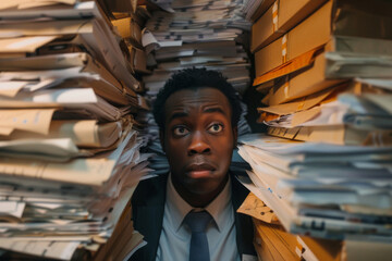 Shocked african american businessman engulfed by towering piles of documents, depicting overwhelming workload and stress from work