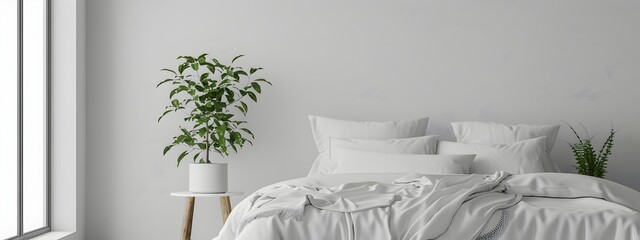 White bed with white pillows and blanket against empty wall, side table with green plant on it