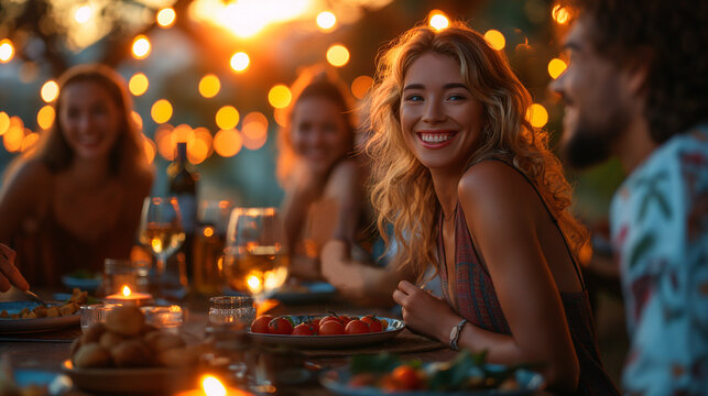 An atmospheric photograph capturing the intimate atmosphere of a private dinner party, with guests seated around a beautifully set table, enjoying a gourmet meal prepared by a pers