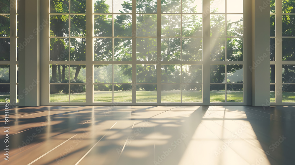Poster empty room with large windows overlooking the garden : generative ai
