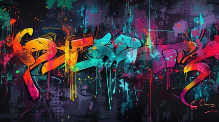 Abstract graffiti on a dark background with colorful drips of paint.