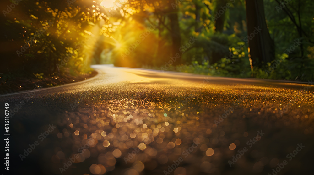 Poster the road with a roadside tree and evening light shines : generative ai