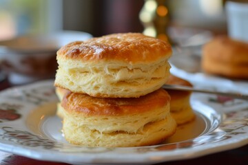 Close-up of stacked buttermilk biscuits on a floral plate, ready to enjoy