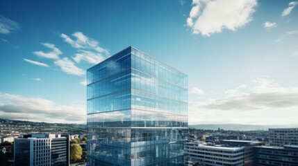 Blue sky and clouds reflected in glass windows of a modern glass high rise building. Abstract architectural background.