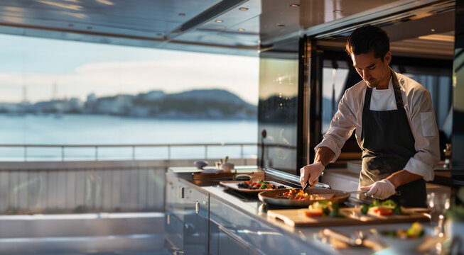A private chef prepares a delicious meal aboard a luxury superyacht. Food is served during an elite cruise vacation on a yacht island tour. Rich and famous lifestyle, bucket list