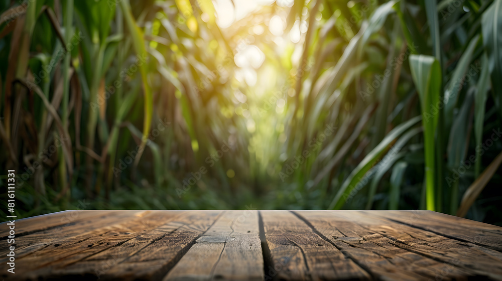 Poster The empty wooden brown table top with blur background of sugarcane plantation Exuberant image : Generative AI