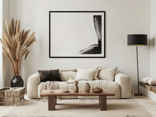 A photo of a large white blank poster frame hanging in the middle on the wall, white walls with light wood and black accents, contemporary modern living room, sofa with lots of pillows, small round co