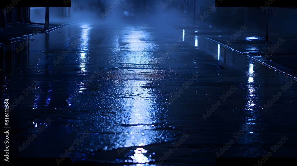 Aufkleber dark street wet asphalt reflections of rays in the water abstract dark blue background smoke smog em