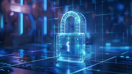 Creative digital polygonal open padlock hologram on blue background with mock up place. Safety, protection and security concept. Generative AI hyper realistic 
