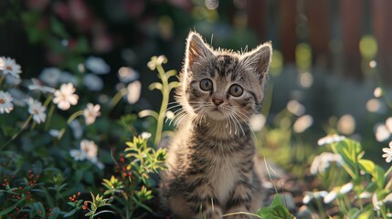 Cute kitten in home garden 3d rendered. Generative AI hyper realistic 