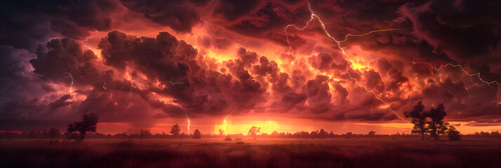 Fiery Sunset against Desolate Plains with Lightning Breaking a Stormy Sky