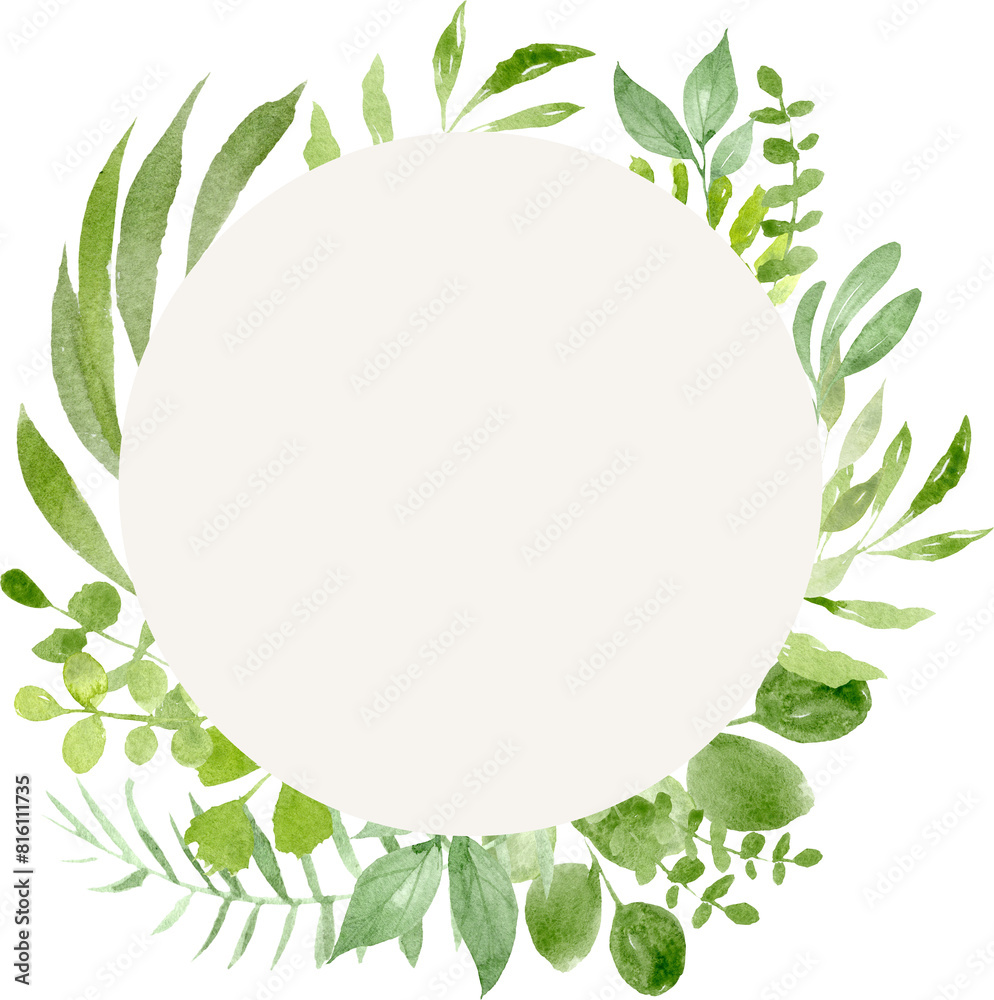 Poster Greenery watercolor frame. Foliage background. Watercolor decoration for your design. - Posters
