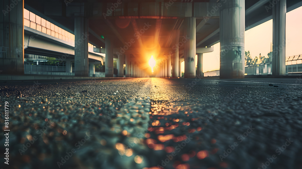 Poster asphalt road and bridge with urban architecture at sunset : generative ai