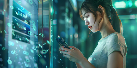 Young woman using a mobile smart phone. Business woman using mobile phone walking through night city. 
