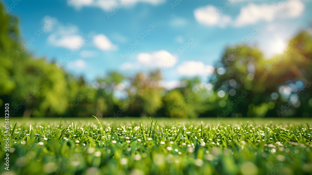 Poster beautiful blurred background image of spring nature with a neatly trimmed lawn surrounded by trees a