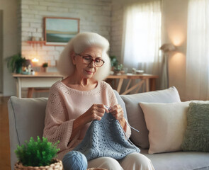 Happy mature adult woman knitting sitting on a couch in a bright living room. AI, Illustration, Generation.