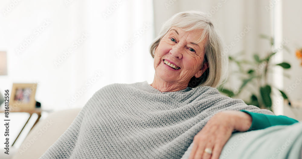 Poster Face, funny and senior woman on couch, home and happiness with retirement, relax and cheerful. Portrait, elderly lady and female person on a sofa, laughing and humor with joy, apartment and peace