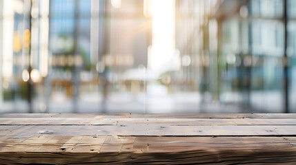Empty wood table top and blur glass window wall building banner mock up abstract background  can used for display or montage your products : Generative AI