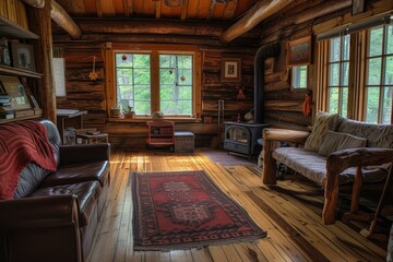 Fototapeta premium Warm sunlight bathes a charming wooden cabin interior, creating a cozy and inviting atmosphere