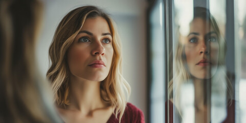 Attractive young woman standing in front of a mirror looking at her reflection with a sense of isolation.
