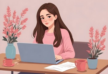 Portrait of girl working on computer