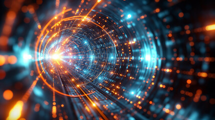 Fototapeta premium Abstract digital art of a futuristic tunnel illuminated by blue and orange lights, creating a vibrant, high-tech atmosphere.