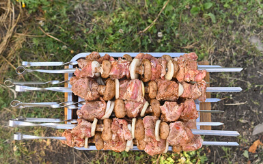 raw meat on skewers. close-up