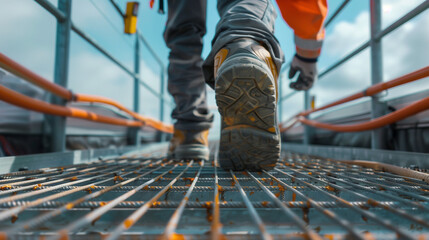 Close up of worker walking on metal platform at construction site. 