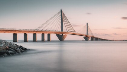 Denmark, Aarhus, Long exposure of Infinite Bridge and Aarhus Bay at sunrise. AI generated