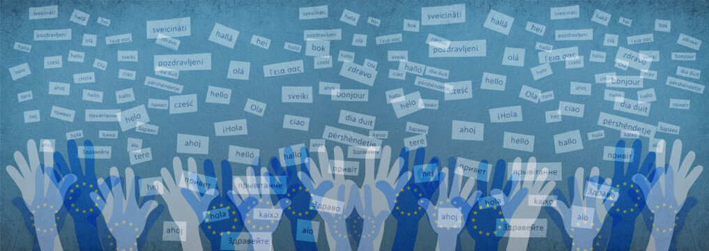European languages, word hello in different language spoken in Europe, concept of multilingual business and community, multilingualism in the EU