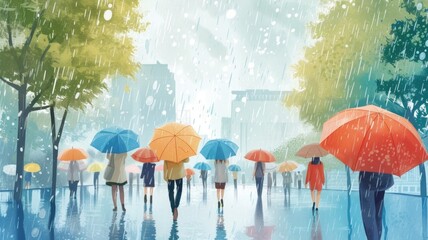 lively scene of people with colorful umbrellas walking through a city park on a rainy day
