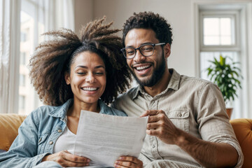 Afro woman and her joyful husband read a letter in delight on the sofa of a bright, modern living room. Emotion of joy and success, home loan approval, good news